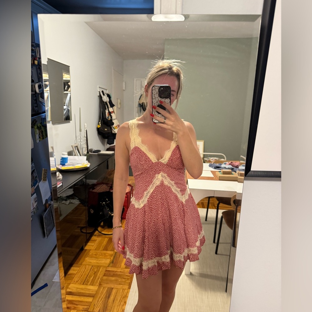 Urban Outfitters Red and Cream Babydoll Dress with Plunge Neckline